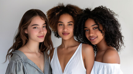 Obraz premium Portrait of three joyful multiracial girls on a white background standing together and smiling at the camera. Simple makeup with a natural look.