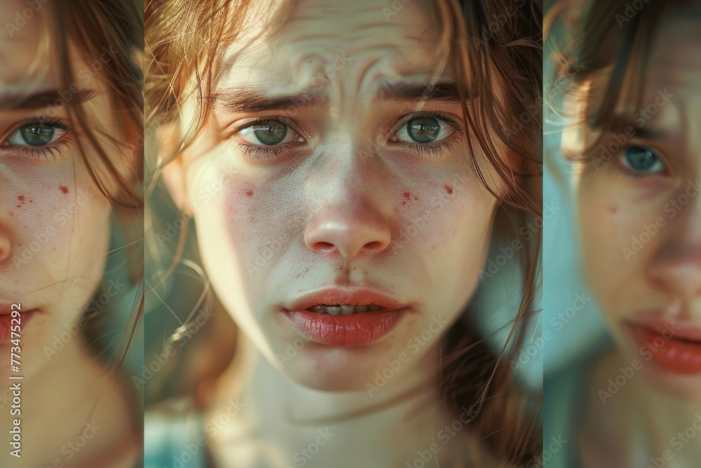 Poster Close up of a woman's face showing different expressions. Suitable for emotions concept