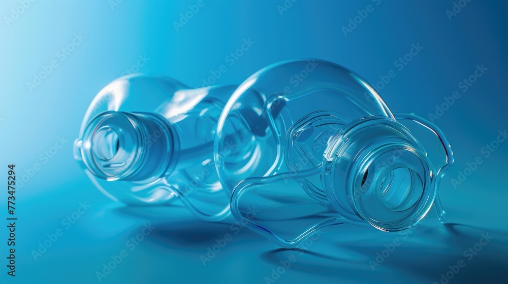 Poster two empty plastic water bottles on a blue surface. ideal for environmental or recycling concepts