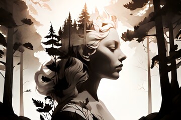 Forest Dreamer: Woman in Woodland Monochrome.
A soul-stirring monochrome piece where a woman's profile is adorned with woodland contours, ideal for evoking the dream-like fusion of human and nature.