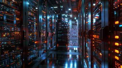 A networked server room buzzing with countless blinking lights, processing massive amounts of data for scientific simulations
