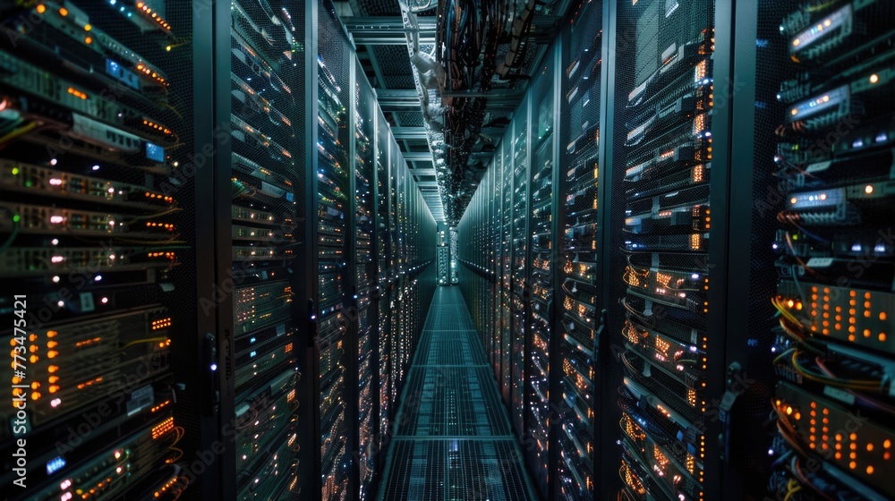 Aufkleber Image of rows of servers in a large data center. Suitable for technology and networking concepts