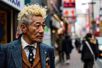 Fototapeta premium A man in professional attire standing on a busy city street. Suitable for business and urban concepts