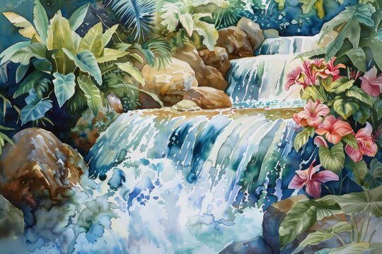 Detailed watercolor painting of cascading waterfalls amid tropical plants and flowers.