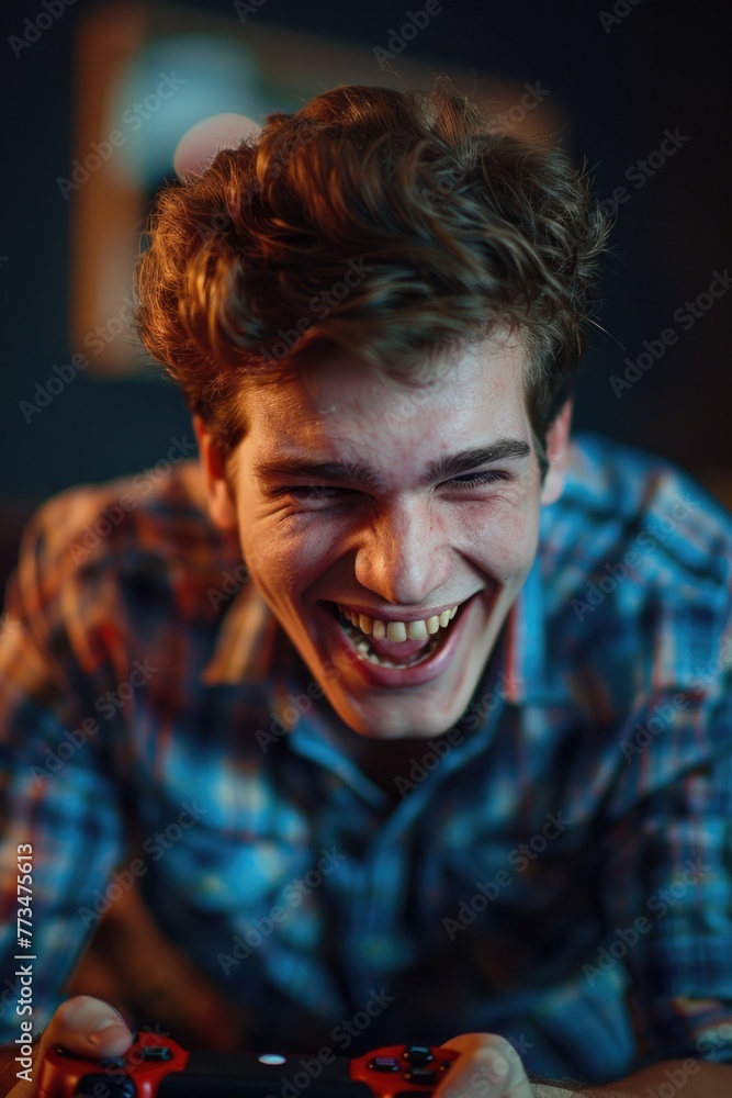 Poster a young man laughing while playing a video game. suitable for gaming and entertainment concepts