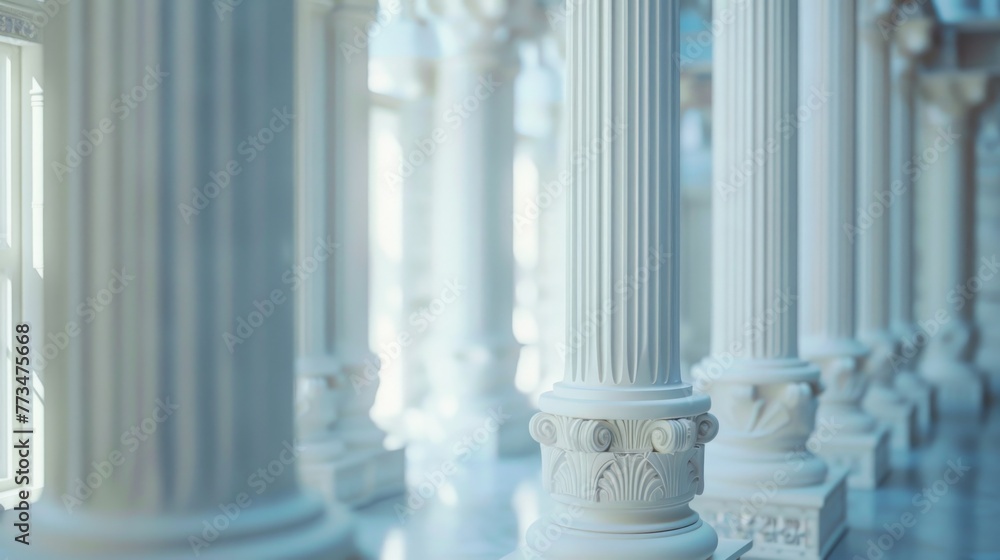 Poster A row of white columns with clocks on each, suitable for architectural themes and time concepts
