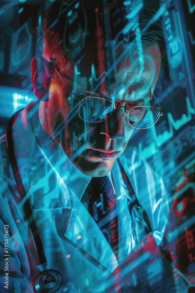 Poster A man in a lab coat focusing on a computer screen. Suitable for technology and science concepts