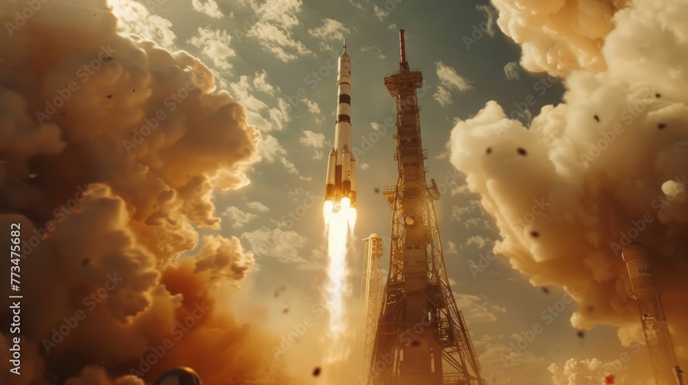 Poster a space shuttle lifting off into the sky. suitable for scientific and technology concepts