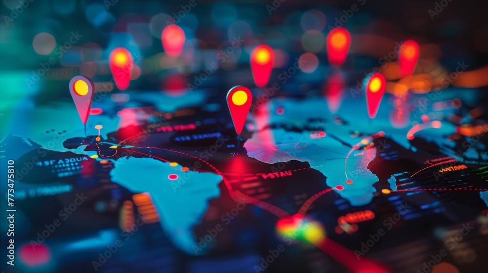 Poster world map with colorful location markers - this striking image shows a world map and colorful locati