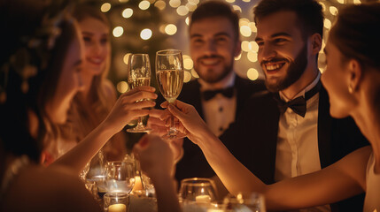 A group of students, elegantly dressed in black tie attire, sharing a toast under the soft glow of fairy lights, the ambiance reflecting the sophistication of the evening, natural