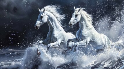 White horses galloping in ocean waves - Two majestic white horses captured in motion, splashing through the ocean waves with power and grace - obrazy, fototapety, plakaty