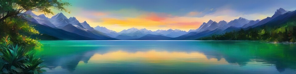 Fototapeta na wymiar Abstract midsummer watercolor blurred landscape of mountain lake at sunset in delicate pastel colors. Abstract background for design, place for text. 