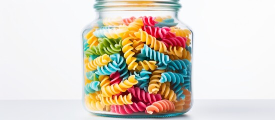 A close-up view of a variety of colorful pasta shapes stored in a glass jar placed on a wooden tabletop - Powered by Adobe
