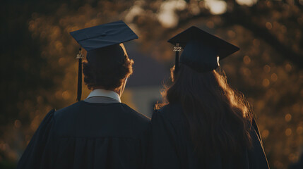 A serene moment of two graduates, standing arm in arm, gazing out at the night sky, the calm before they join the festivities, their attire blending timeless elegance with youthful