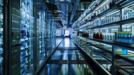 A bioinformatics research facility, where powerful computers analyze genomic data to uncover biological insights