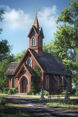 Fototapeta na wymiar A serene painting of a church nestled in a forest. Ideal for religious or nature-themed projects