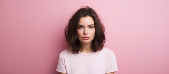 A portrait of a young woman with a serious expression on her face, looking directly at the camera - obrazy, fototapety, plakaty