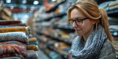 Woman in her forties looking at carpet samples in hardware store for home renovation project. Concept Home Renovation, Carpet Samples, Hardware Store, Interior Design, Mid-Aged Woman