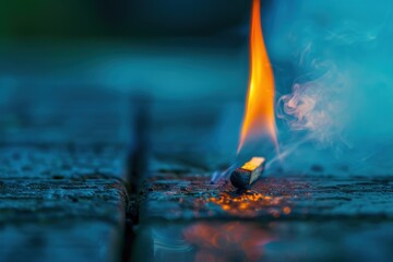 Macro photography of a lit match on a reflective surface, with the flame and smoke captured in vivid detail against a blurred blue background. - obrazy, fototapety, plakaty