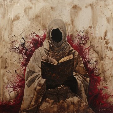 Enigmatic reader amidst vivid red swirls - An enigmatic figure in a splattered red and desert-toned backdrop, deeply absorbed in reading an old book