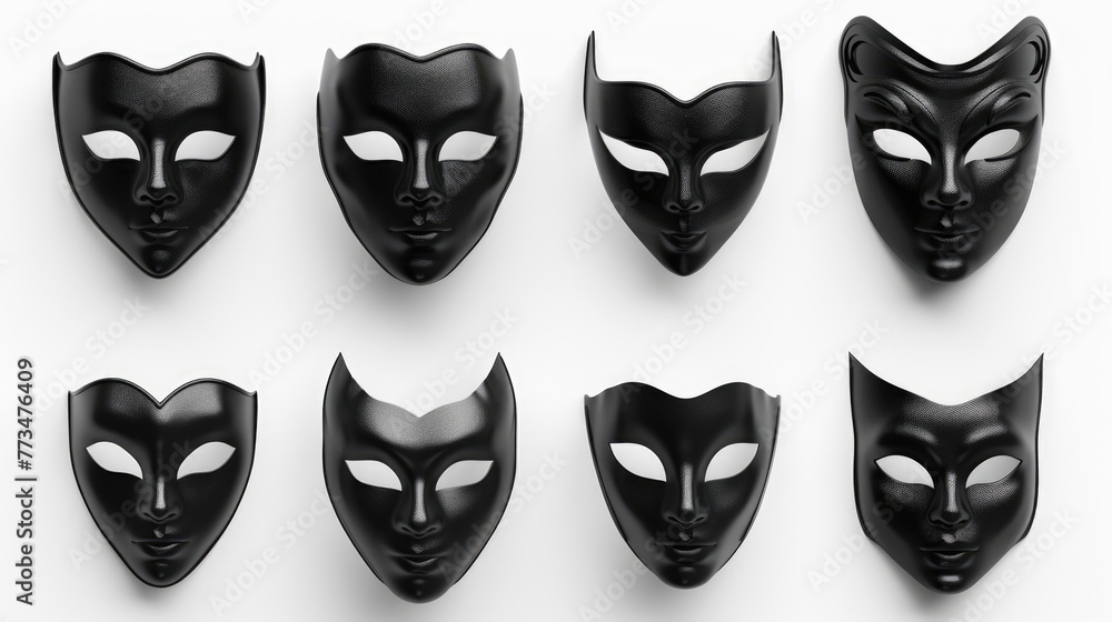 Poster group of black masks on white background. suitable for concepts related to disguise and identity