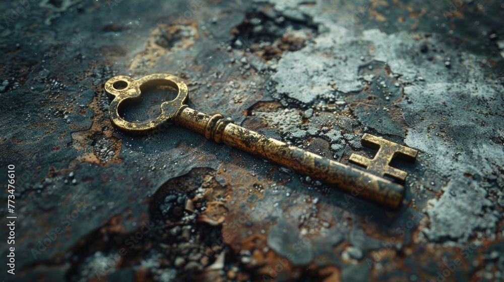 Poster an old key resting on a rusty surface. ideal for vintage themes