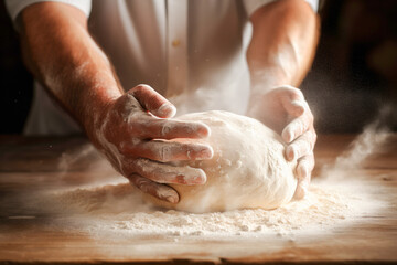 The chef's manly hands kneading the dough. 