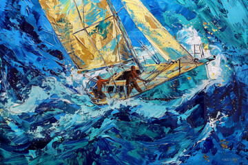 Abstract Sailboat Painting in Blue Tones