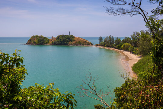 Scenic view of sea, beach and lush nature from above at the Mu Ko Lanta National Park in Koh Lanta, Thailand, on a sunny day.