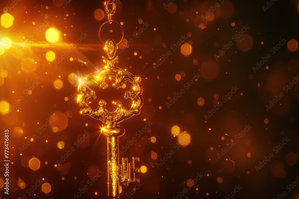 Poster A golden key hanging from a chain, perfect for security or access concepts
