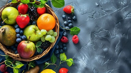 fresh summer fruits in basket background with copy space - obrazy, fototapety, plakaty