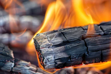 Outdoor kussens Close-up of charred wood with a glowing flame, showcasing detailed textures and the intense heat of combustion. © evgenia_lo