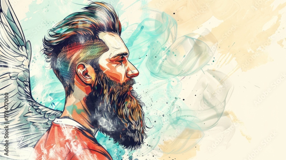 Poster a painting of a man with a beard and wings. suitable for artistic projects