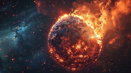 Apocalyptic fiery destruction of a planet - Dramatic representation of a planet engulfed in flames and lava depicting end-of-world scenario - obrazy, fototapety, plakaty