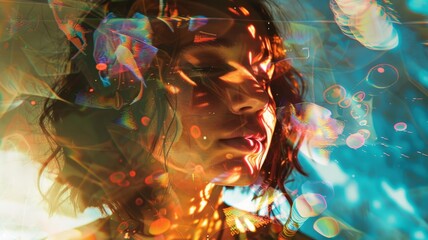 Artistic portrait of a woman with vibrant abstract colors - Dynamic and colorful portrait of a young woman overlaid with abstract bright patterns symbolizing emotion