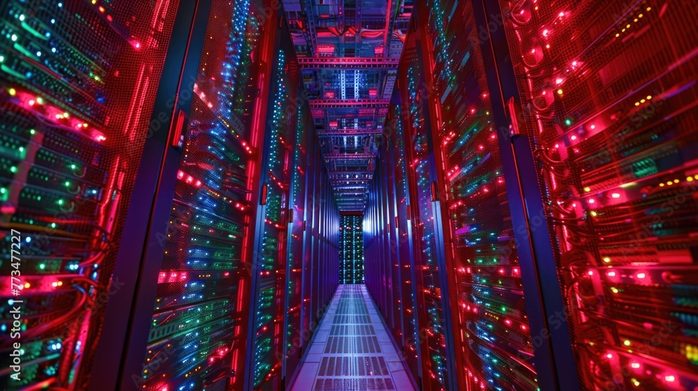 Poster a long hallway in a data center with vibrant red and green lights. ideal for technology and futurist