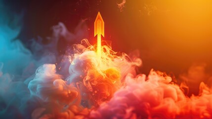 Abstract dynamic arrows taking off in a cloud of smoke. Business success, development and progress, moving forward concept - 773477417