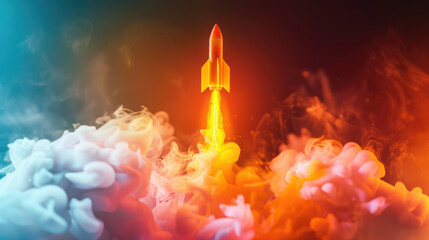 Abstract dynamic rocket taking off in a cloud of smoke. Business success, development and progress, moving forward concept