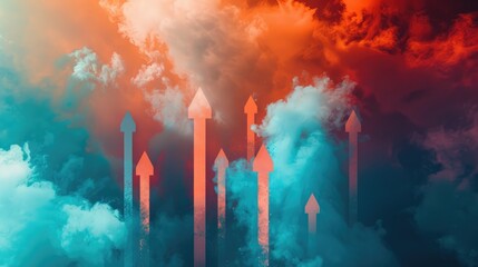 Abstract dynamic arrows taking off in a cloud of smoke. Business success, development and progress, moving forward concept - 773477457