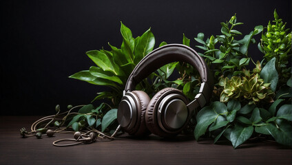 leather headphones and decorative plants isolated