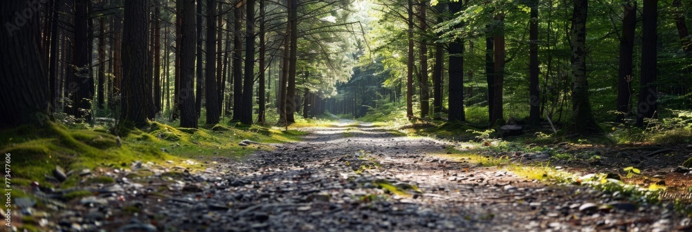 Poster sunlit forest path in serene woods - peaceful forest scene with a trail leading through towering tre