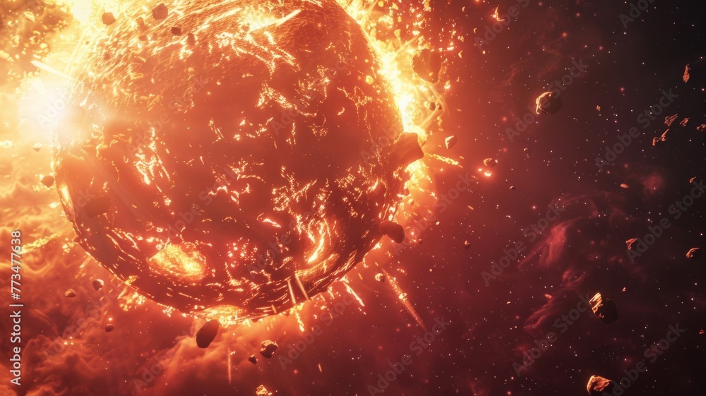 Aufkleber planet engulfed in fiery explosion and debris - sci-fi scene depicting a catastrophic event with a p