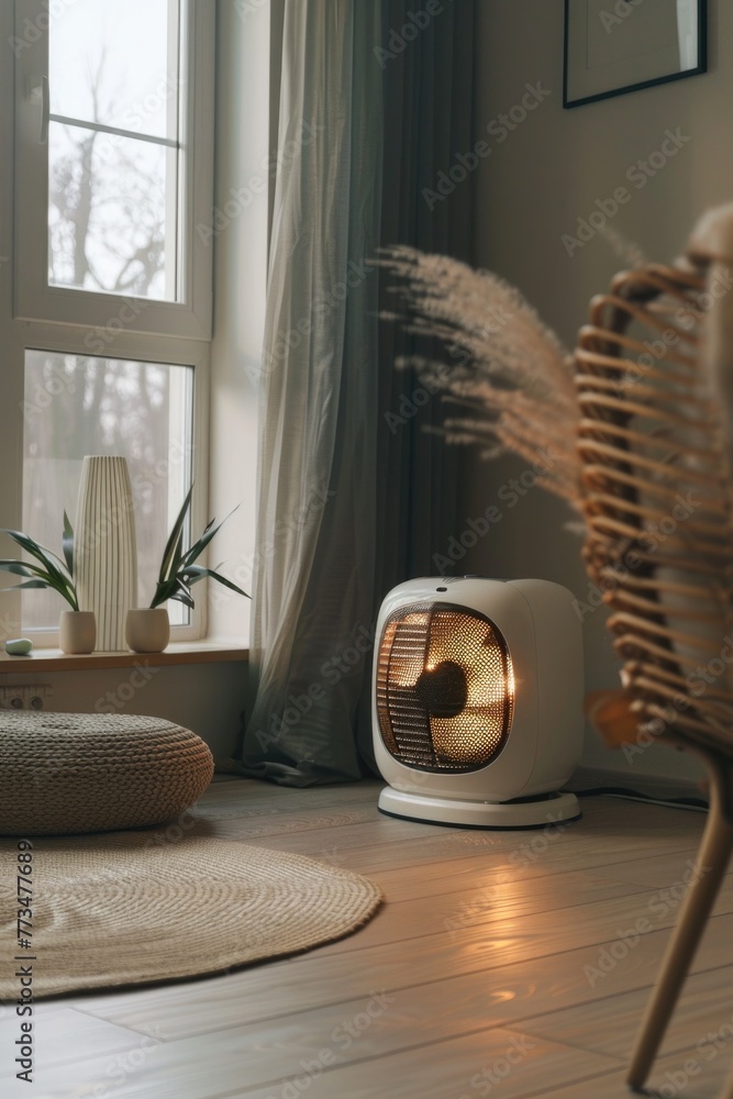 Poster a fan placed on a wooden floor next to a window. ideal for home decor concepts