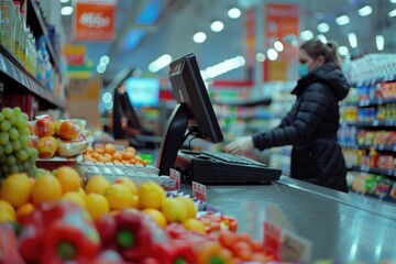 A woman standing at a cash register in a grocery store. Suitable for retail or consumerism concepts - obrazy, fototapety, plakaty