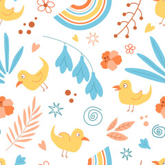 Seamless pattern with flowers, leaves, birds, hearts and rainbow on a white background. Vector illustration for textile, wallpaper, wrapping.