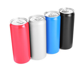 Energy drinks in colorful cans isolated on white