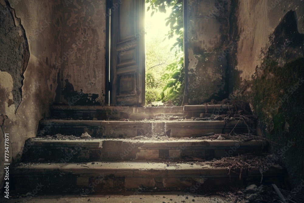 Poster an open door in a run-down building. suitable for urban exploration themes