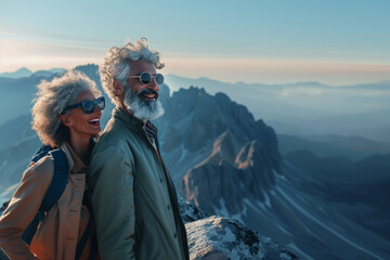 A cheerful elderly couple in outdoor wear smile while gazing at a stunning mountain vista, embodying adventure and companionship.