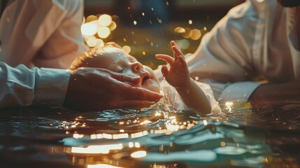 A touching image of a person holding a baby in a body of water, suitable for family and parenting themes - obrazy, fototapety, plakaty