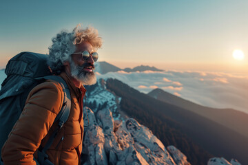 A senior hiker with a bushy beard smiles at the break of dawn, feeling the serenity atop a rugged mountain peak.Exploration and adventure trips for single men - obrazy, fototapety, plakaty